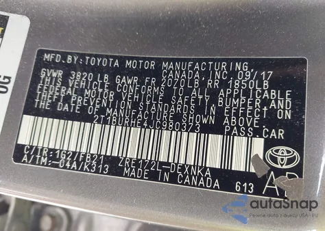 2018 Toyota Corolla Le z USA, uszkodzony, nr VIN 2T1BURHE4JC980373